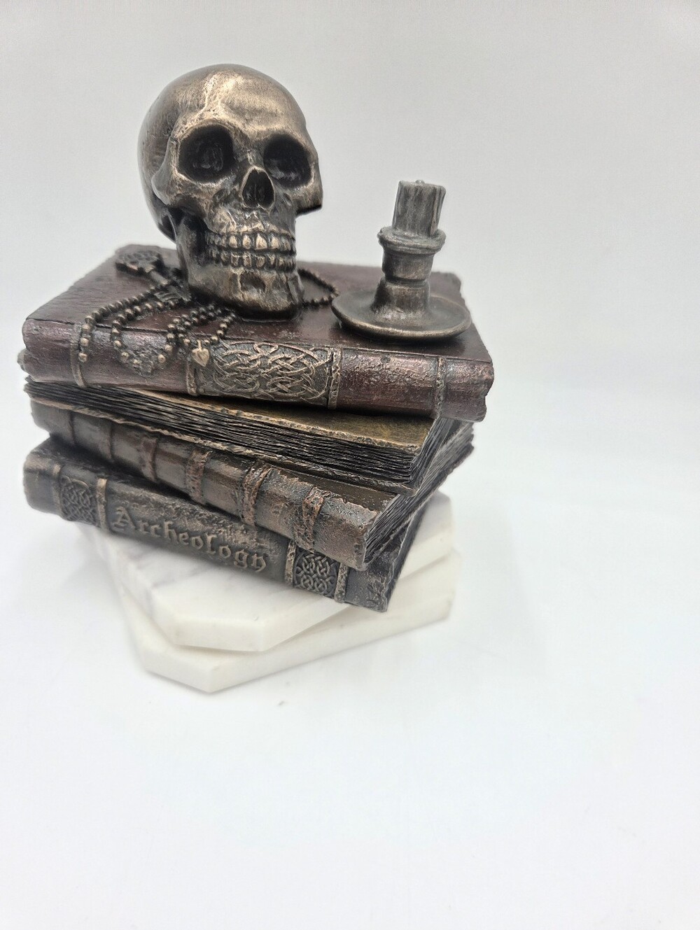 Gothic Bronze Wizard`s Study Books and Skull Trinket Stash Box